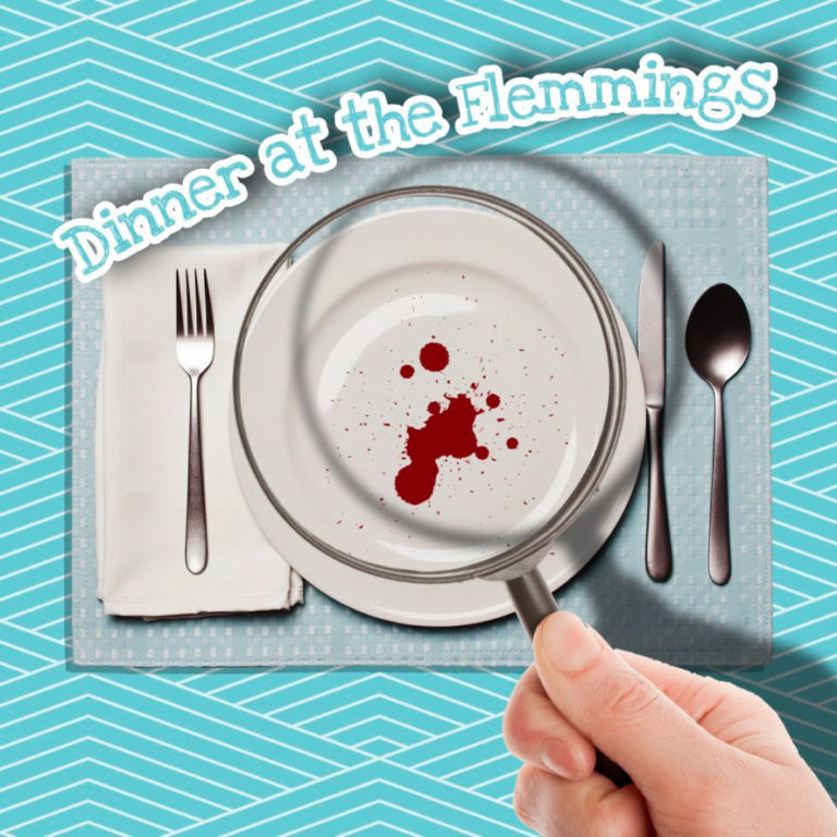 Blood drops on plate under magnifying glass, text: dinner at the flemmings