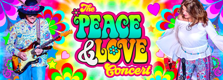 Hippie style flyer, man playing electric guitar, woman signing, text: The Peace & Love Concert